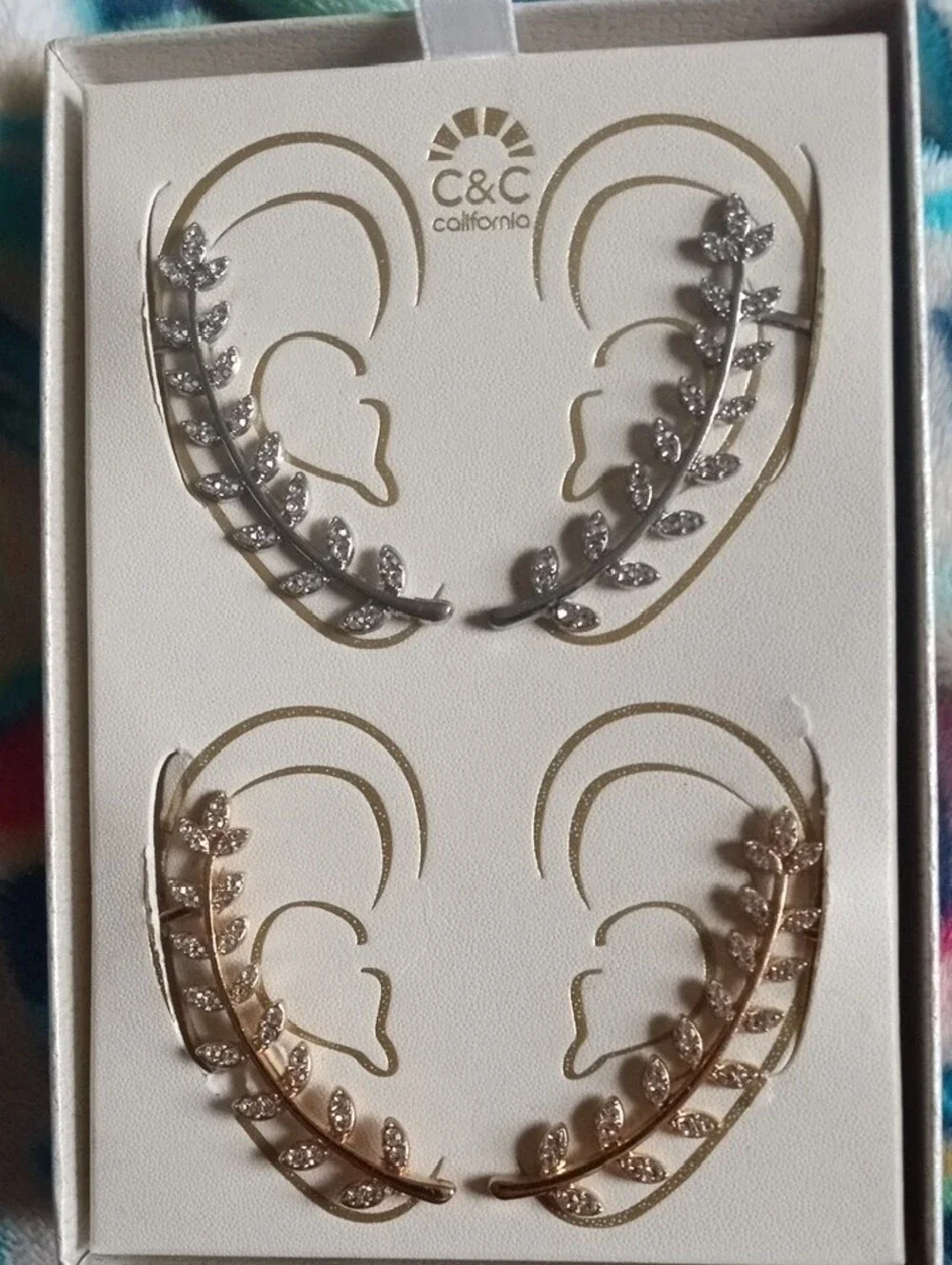 C&C California Crystal Leaf Ear Climber Earrings Set Silver and Gold Tone New - Picture 2 of 10